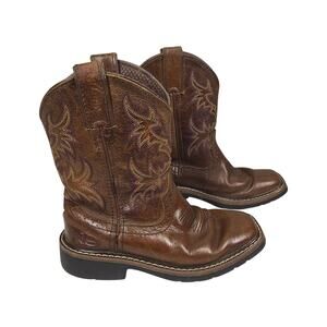 JUSTIN KIDS BROWN LEATHER WESTERN CATTLEMAN JR. BOOTS – SIZE 12 – FLAME STITCH